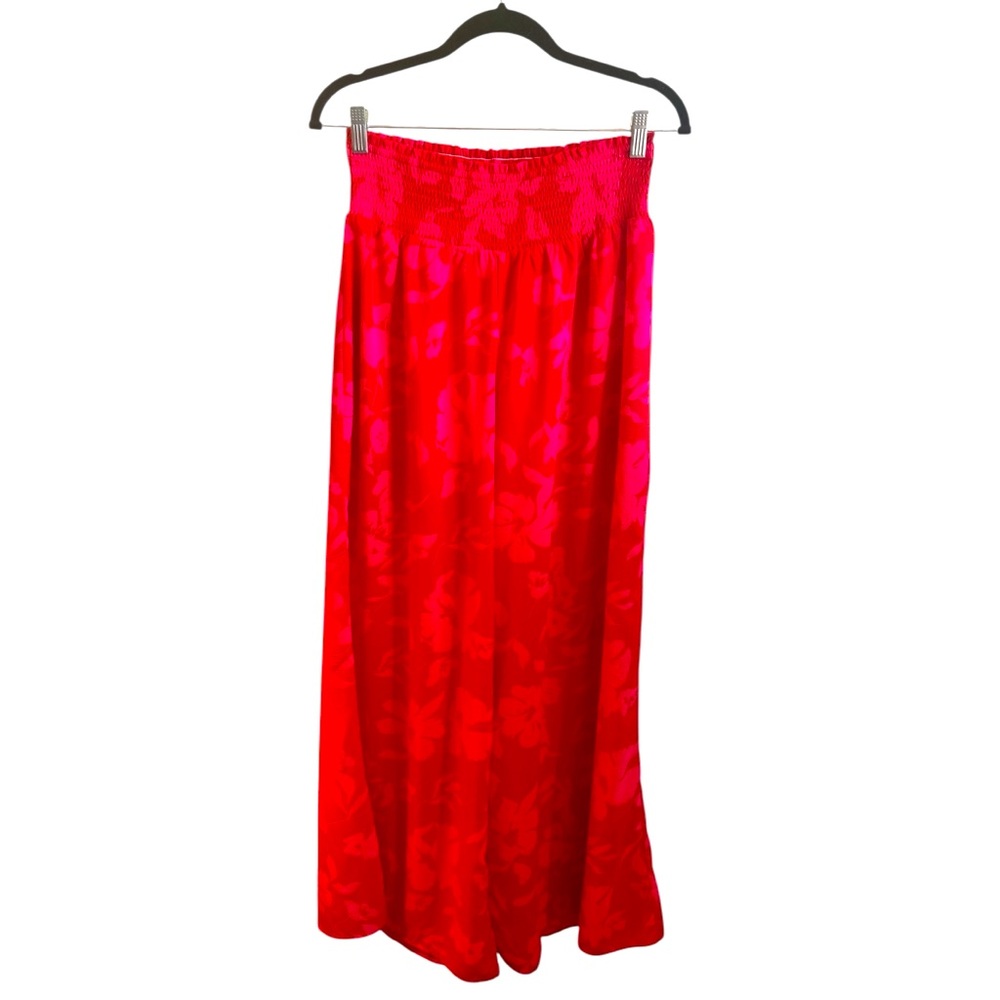 Staccato Wide Leg Pants Size Large Cherry Red Floral Pattern Elastic Waistband - Picture 2 of 11